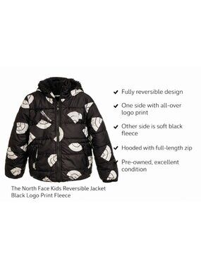 The North Face Reversible Kids Jacket Black Logo Print Fleece Hooded Coat